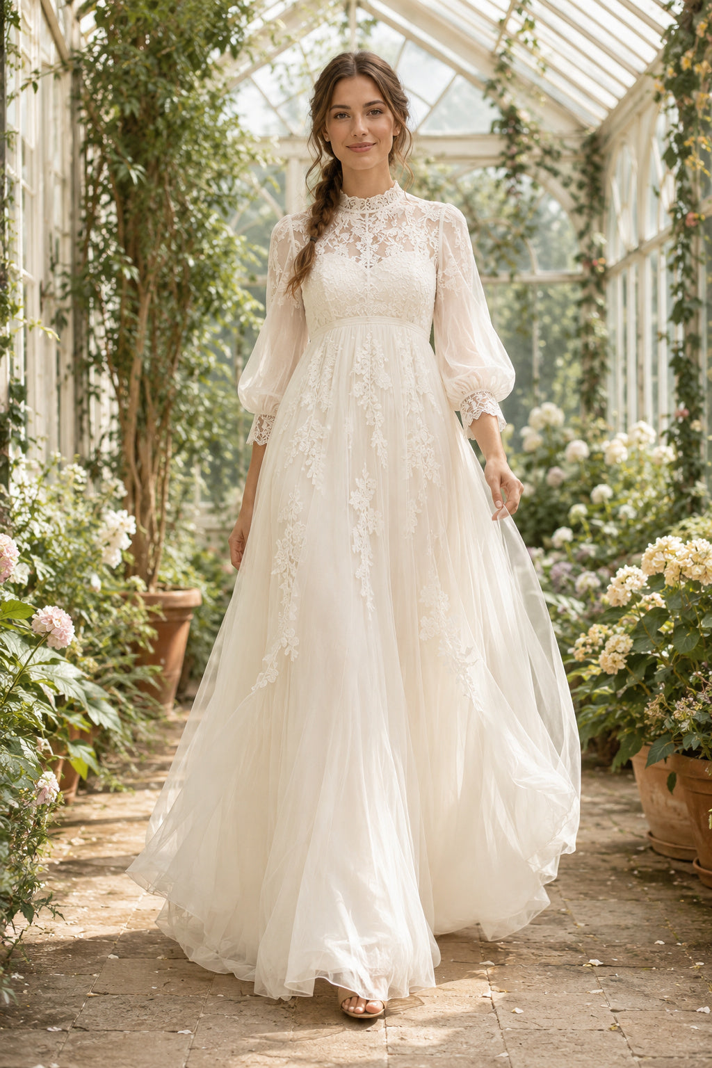 Ivory Boho High Neck A-Line Soft Tulle Wedding Dress with Long Puff Sleeves and Sweep Train Style MG_701334 front view