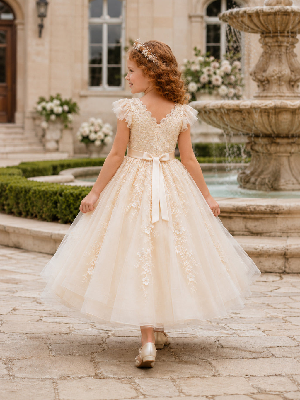 Luxury Romantic Flower Girl Dress Jewel Neck Cap Sleeve Champagne Tulle Floral Applique Floor Length back view