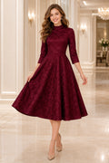 Burgundy Lace A-Line Tea Length Dress with Three Quarter Sleeves and High Neck front view