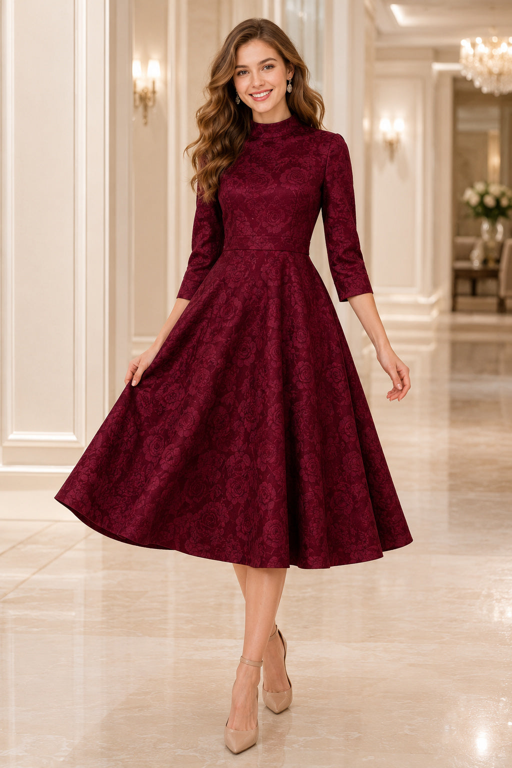 Burgundy Lace A-Line Tea Length Dress with Three Quarter Sleeves and High Neck front view