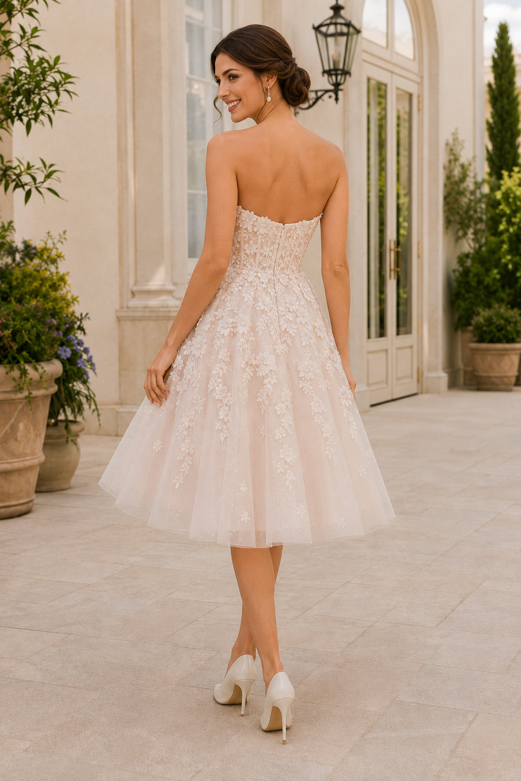 Strapless Tea-Length Tulle Wedding Dress with Lace Bodice back view