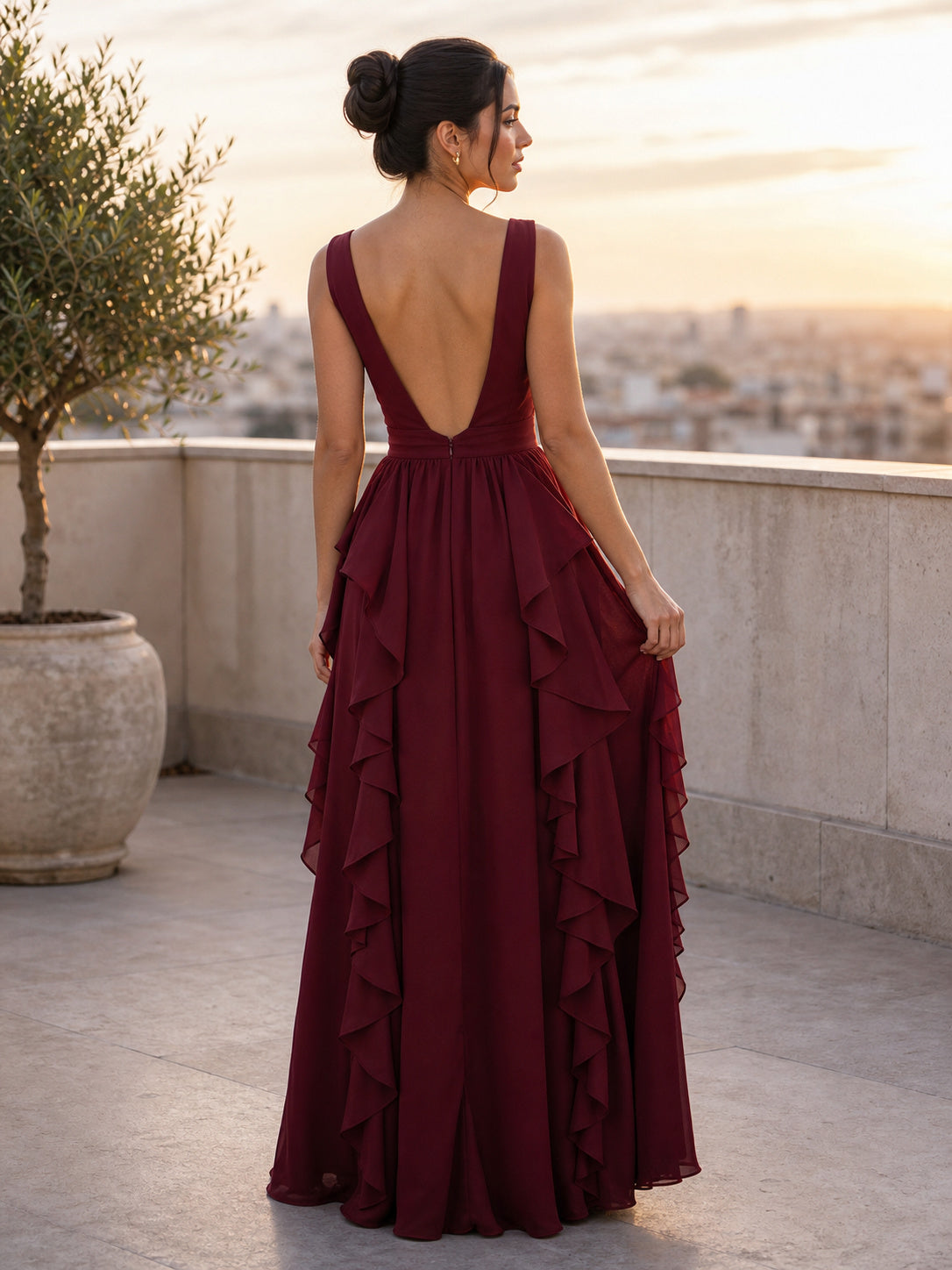 V-neck Sleeveless A-Line Chiffon Floor-Length Dress With Ruffled Skirt