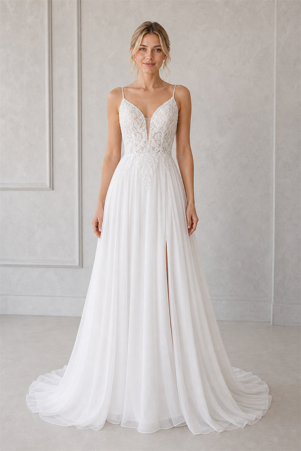 White Illusion Flutter Sleeves A-Line Satin Floor-length Wedding Dress With Layered Skirt and Beaded Bodice