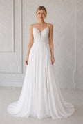 White Illusion Flutter Sleeves A-Line Satin Floor-length Wedding Dress With Layered Skirt and Beaded Bodice