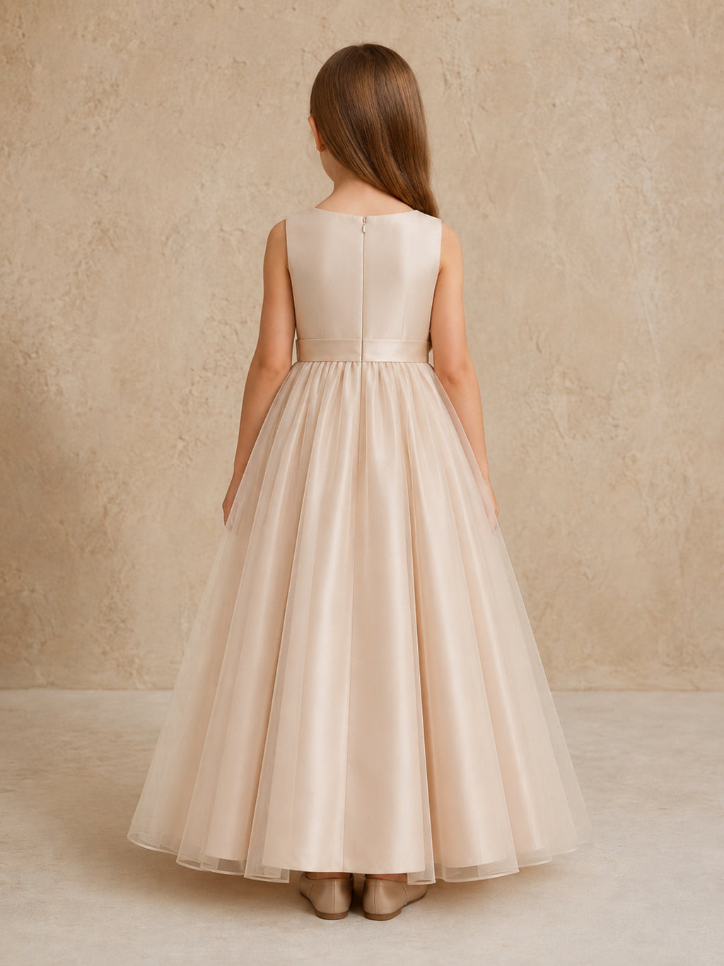 Simple Champagne Satin Tulle Flower Girl Dress back view