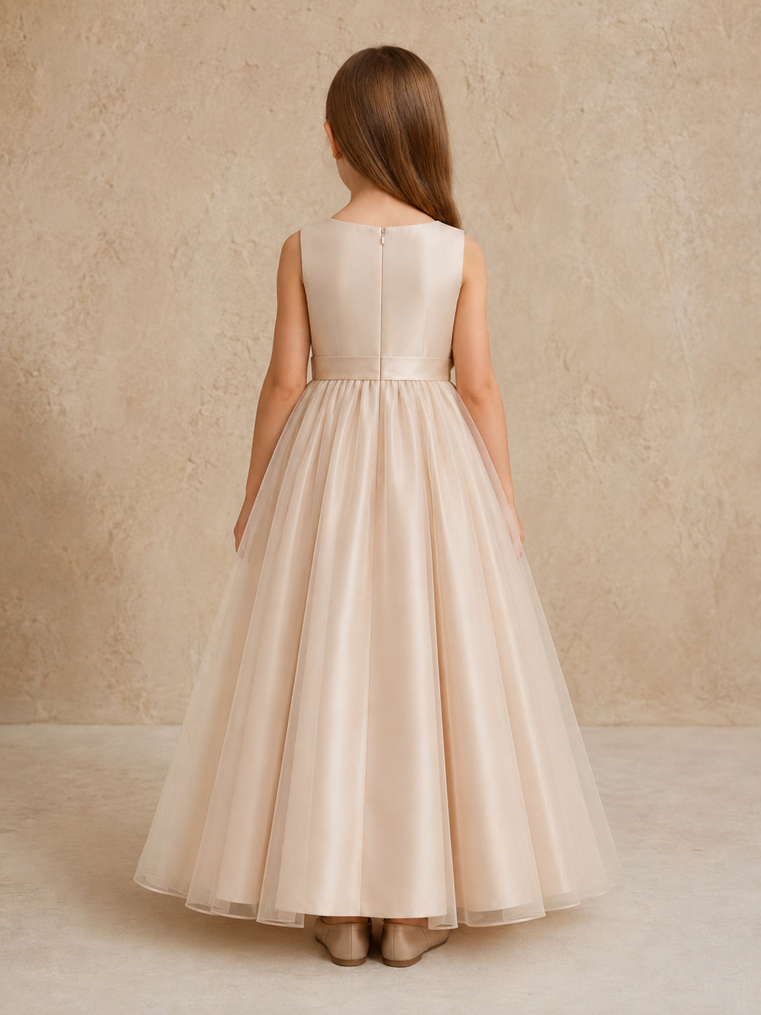 Simple Champagne Satin Tulle Flower Girl Dress back view