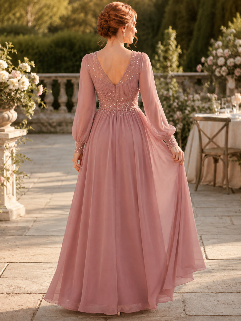 Dusty Rose Illusion Pearl Chiffon Maxi Gown back view