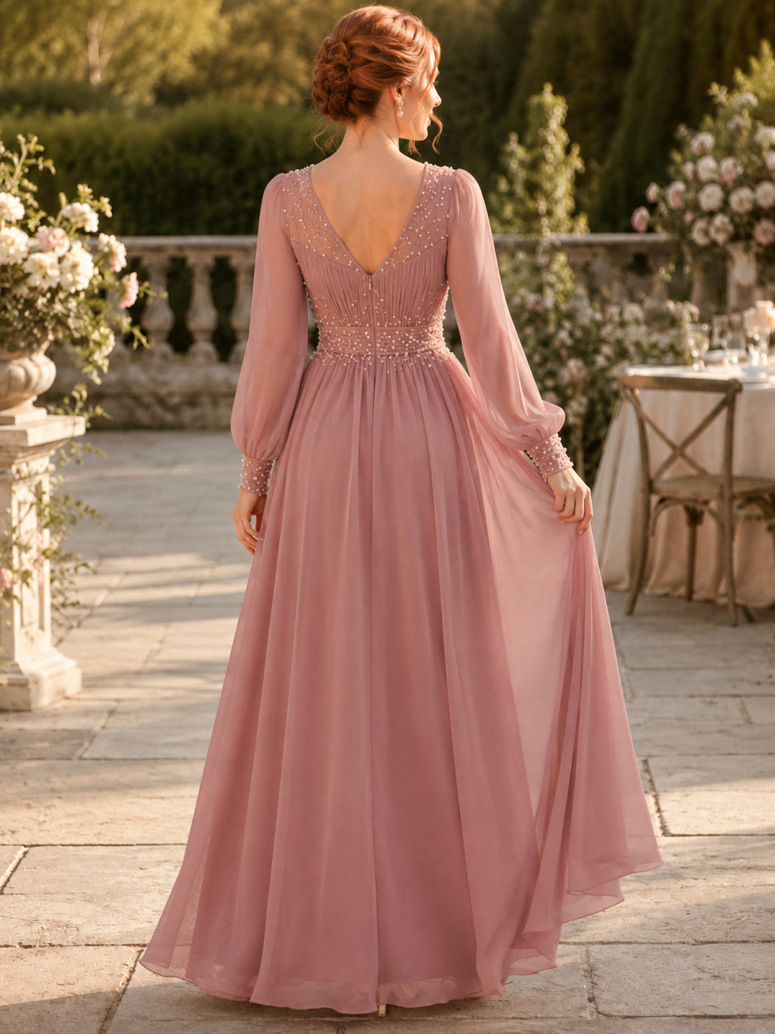 Dusty Rose Illusion Pearl Chiffon Maxi Gown back view