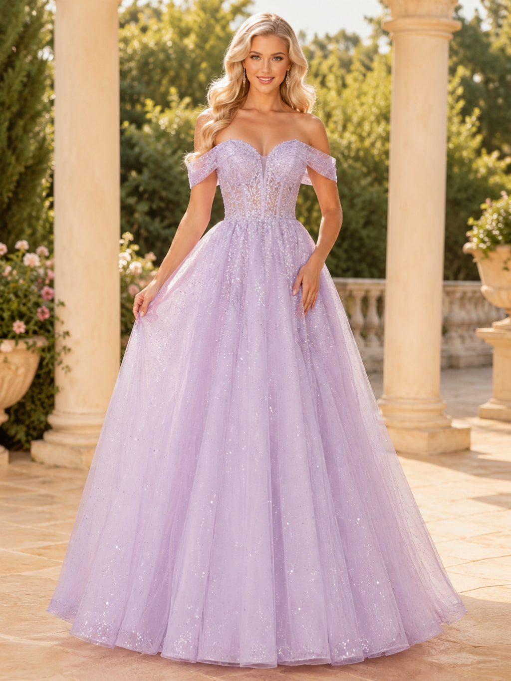 Lavender Off Shoulder Glitter Tulle Ball Gown Prom Dress front view