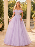 Lavender Off Shoulder Glitter Tulle Ball Gown Prom Dress front view