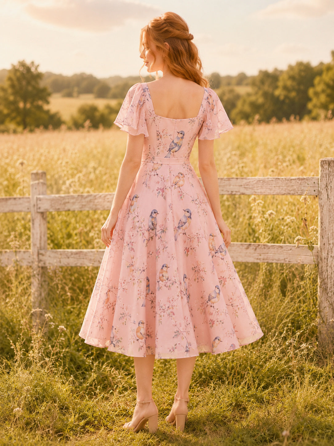 Pink Bird Print Square Neck Puff Sleeve A-Line Tea Dress back view