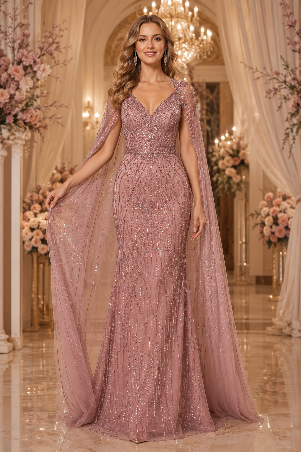 Dusty Rose Beaded Cape Sleeve Evening Dress with V-Neck and Sheath Skirt front view