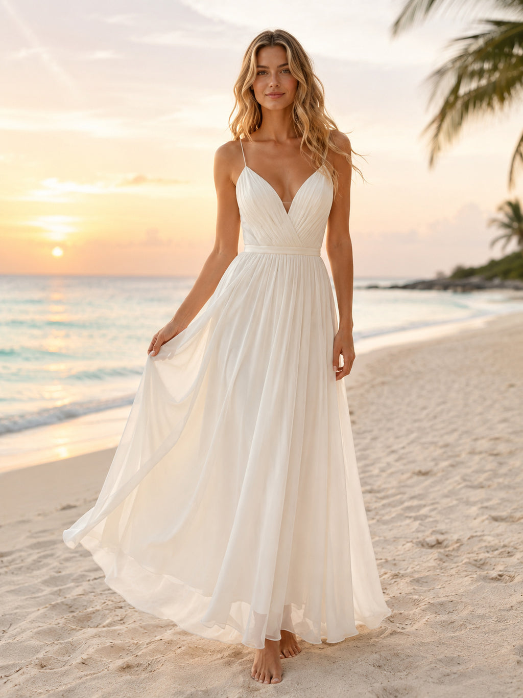 Backless Spaghetti Strap Chiffon Tropical Beach Elopement Dress front view