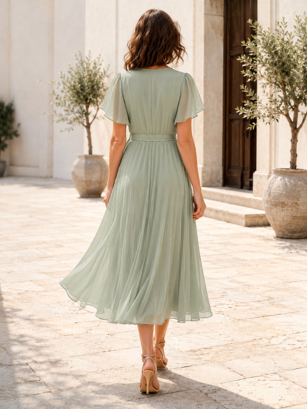 Sage V-Neck Chiffon Civil Ceremony Guest Dress back view