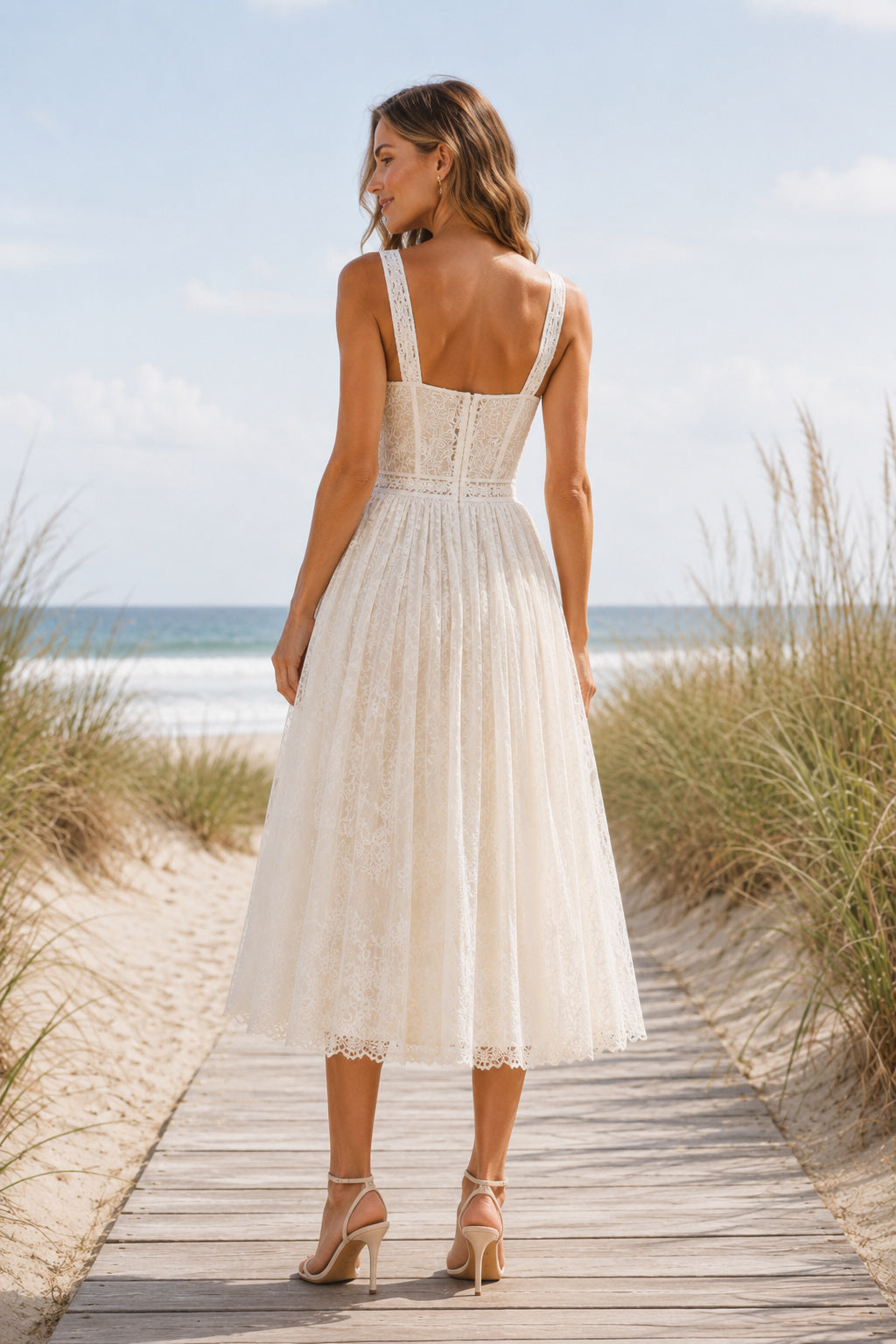 Ivory Square Strap Lace Tulle Tea Length Wedding Dress for Wedding Reception and Party back view
