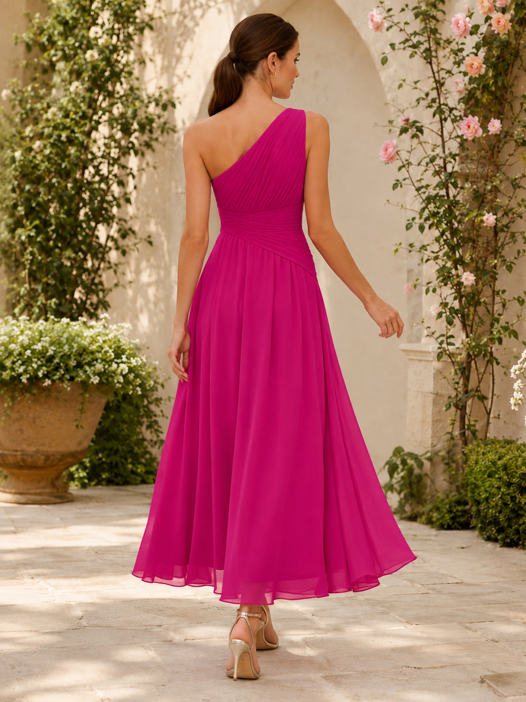 Fuchsia one shoulder chiffon A line ankle length garden dress back view