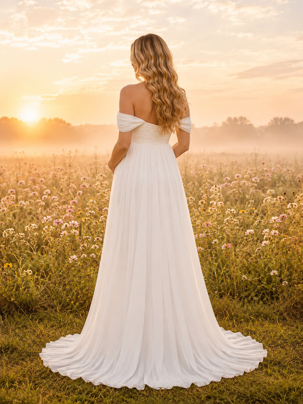 Maternity Off-Shoulder Soft Chiffon Flower Field Elopement Gown back view