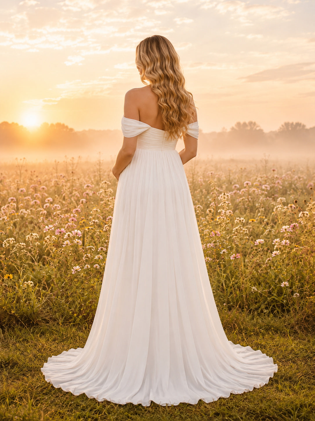 Maternity Off-Shoulder Soft Chiffon Flower Field Elopement Gown back view