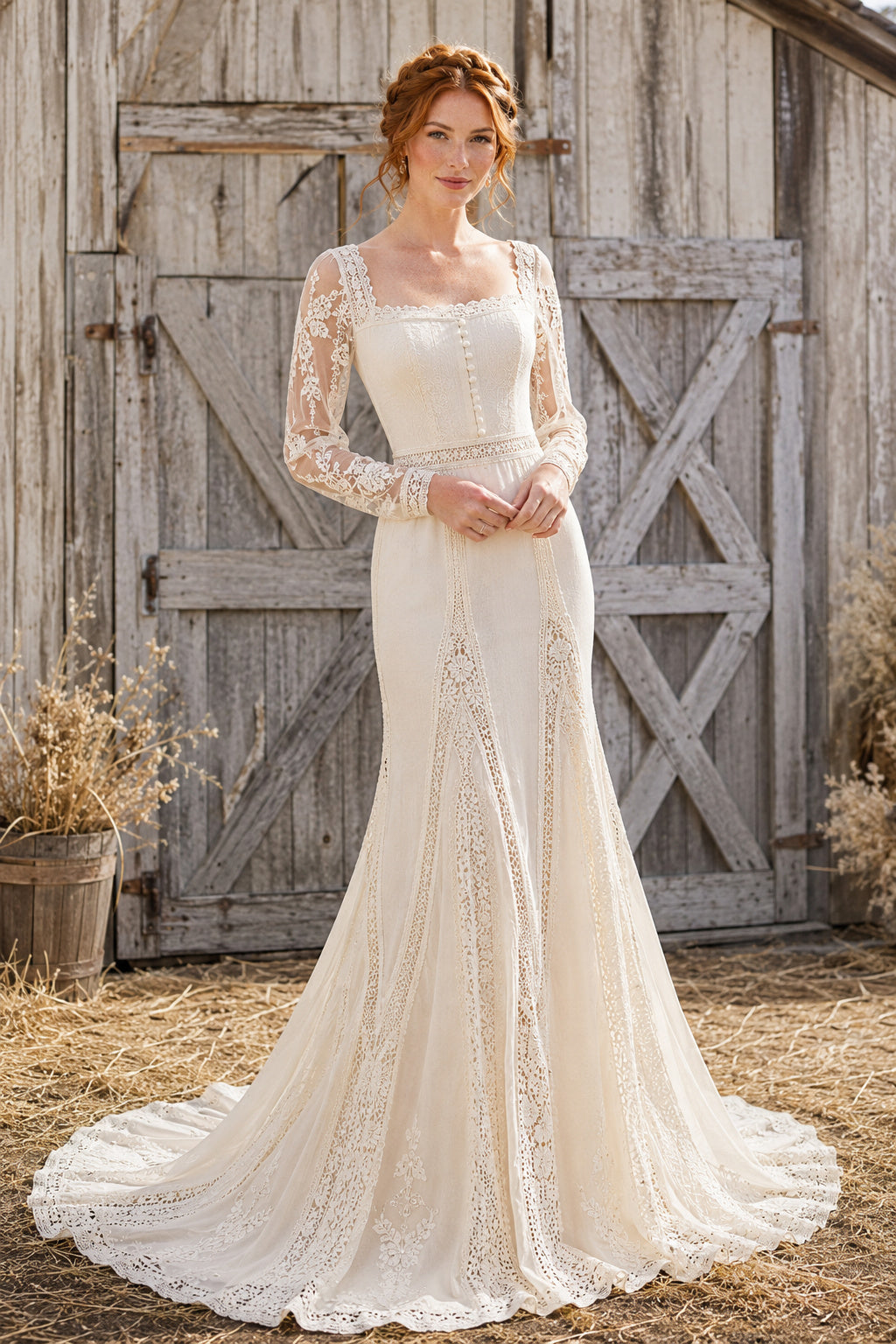 Square Neck Long Sleeve Mermaid Wedding Dress with Lace Overlay and Chapel Train front view