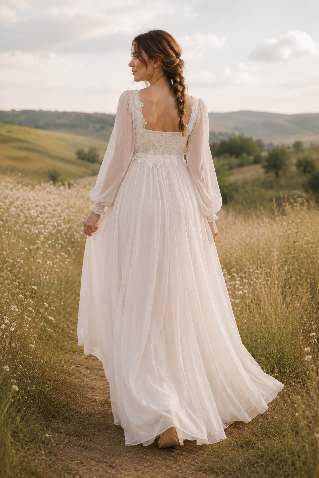 Ivory Square Neck Puff Sleeve Maternity Wedding Dress with Chiffon Skirt back view
