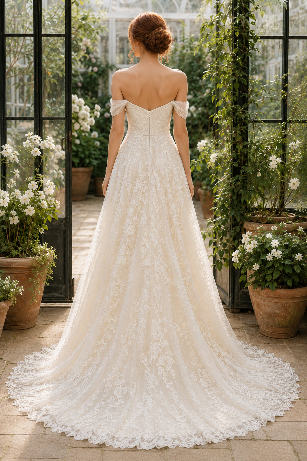 Ivory Off-the-Shoulder Lace A-Line Wedding Dress with Scalloped Sweep Train back view