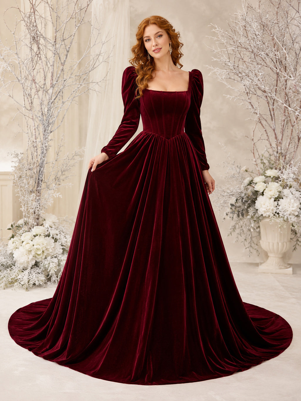 Burgundy Square Neck Puff Sleeve Velvet Ball Gown Wedding Dress front view