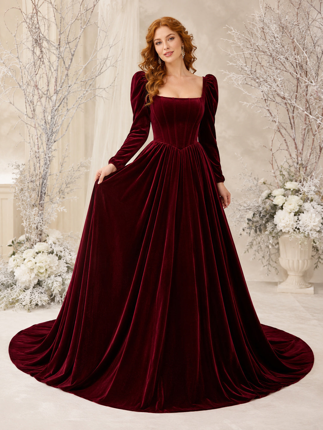 Burgundy Square Neck Puff Sleeve Velvet Ball Gown Wedding Dress front view