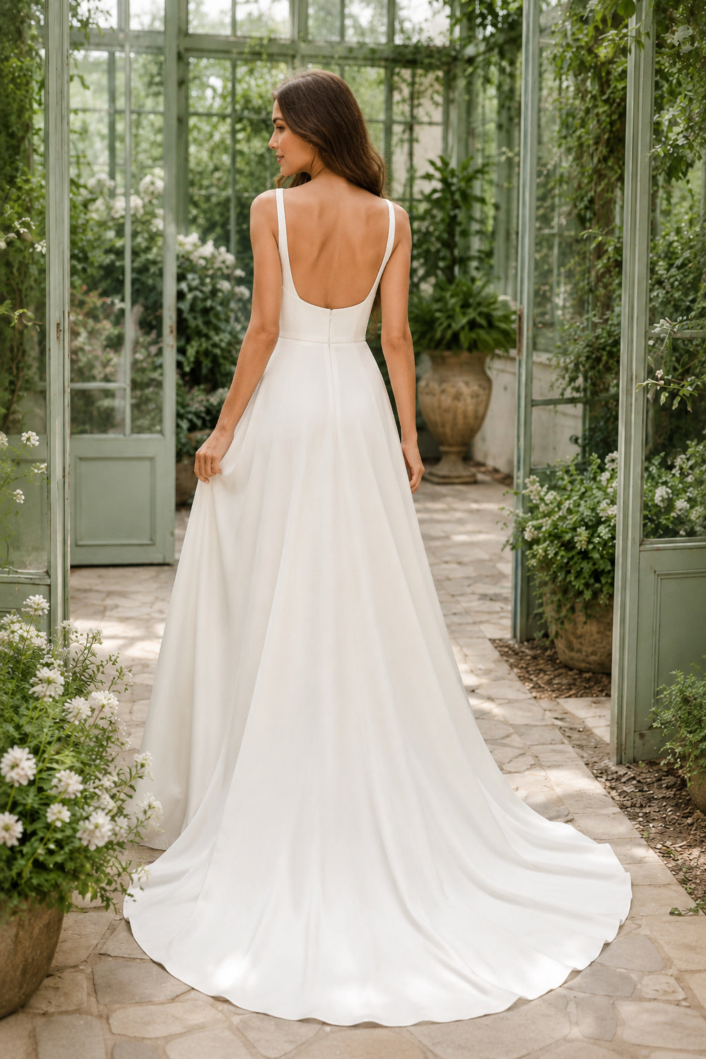 White Square Neck Chiffon A-Line Wedding Dress with Wide Straps and Low Back back view