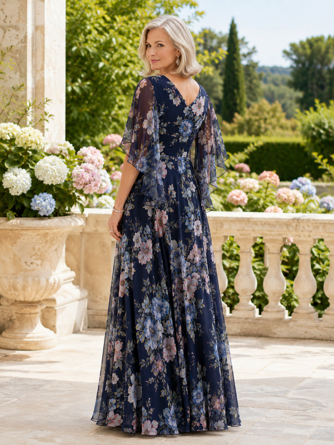 Dark Navy Floral Elegant V-Neck Half Split-Sleeve Chiffon A-Line Floor-Length Summer Garden Mother of the Bride Gown back vie