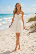 Strapless Lace Tulle Mini Beach Wedding Dress with Sweetheart Neckline front view