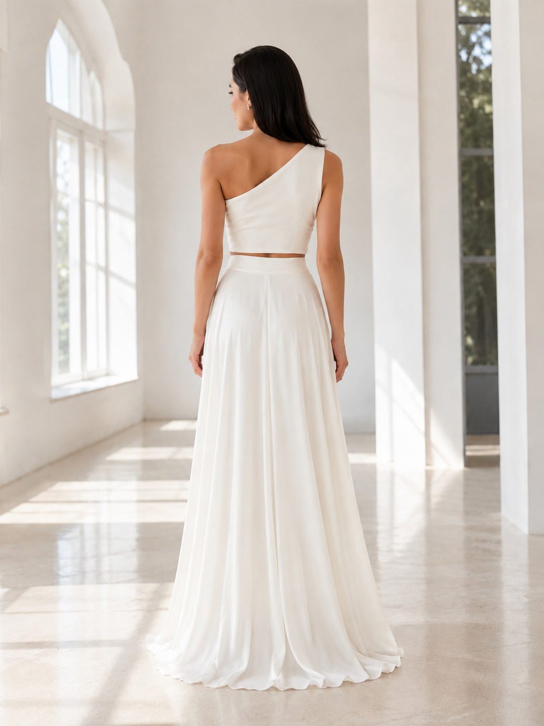 Two Piece One Shoulder Chiffon Floor Length Destination Wedding Dress back view