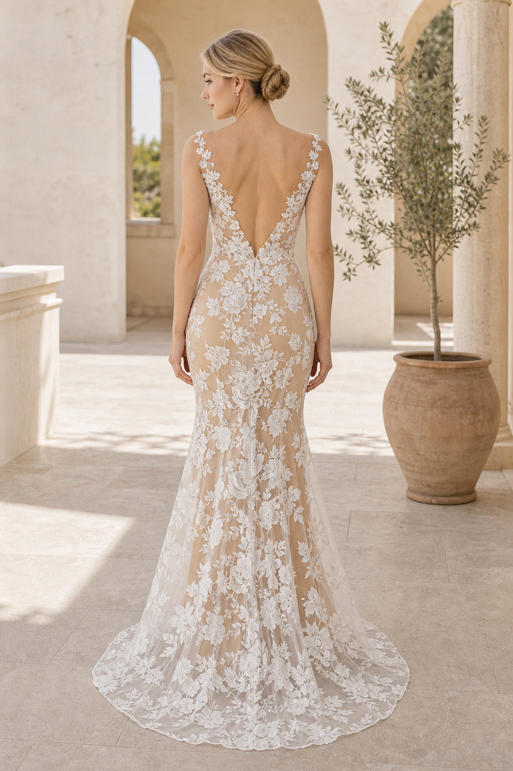 Ivory Bateau Short Sleeves Mermaid Crepe, Lace Floor-length Wedding Dress With Lace and Front Slit and Open Back Lace Hem Detail