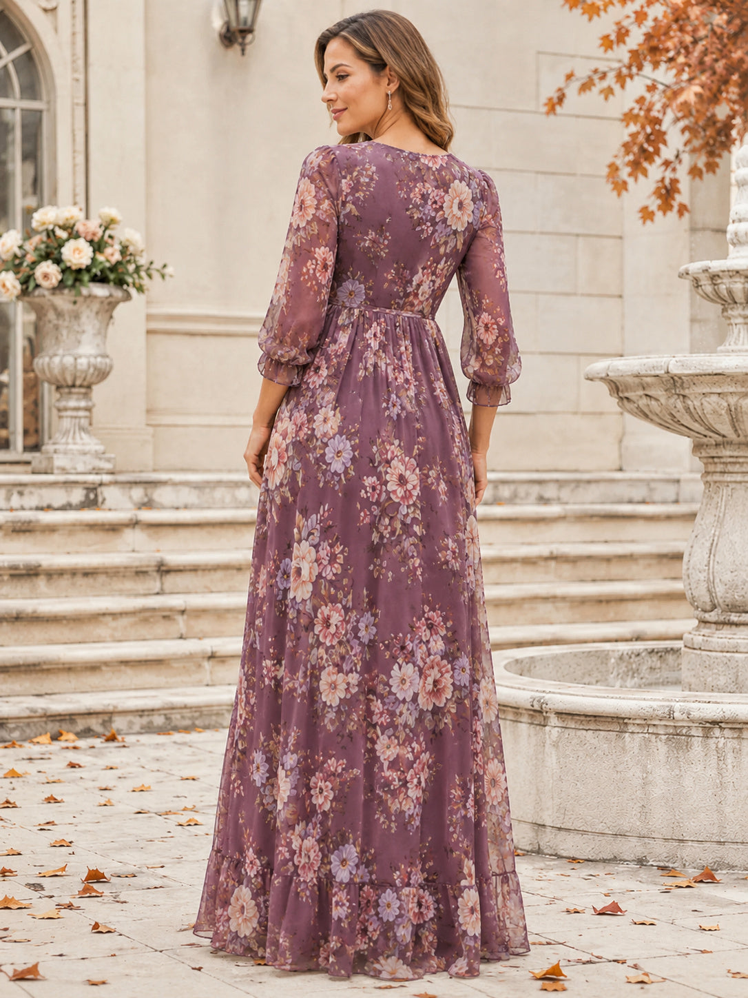 Vintage Mauve V Neck Three Quarter Sleeve Floral Chiffon Floor Maternity Guest Gown back view