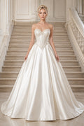 Ivory Strapless Satin Ball Gown Wedding Dress with Corset Bodice front view