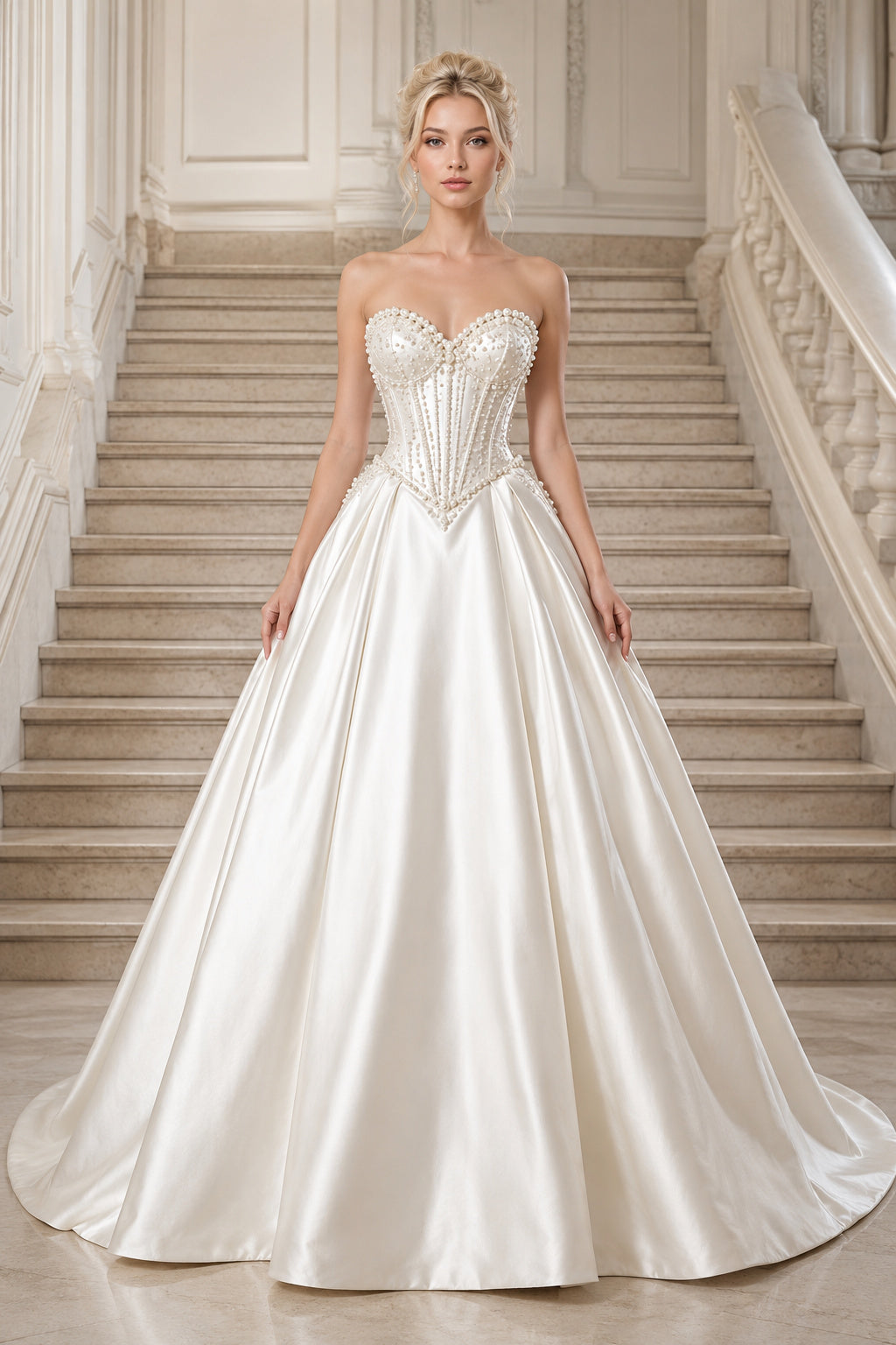 Ivory Strapless Satin Ball Gown Wedding Dress with Corset Bodice front view