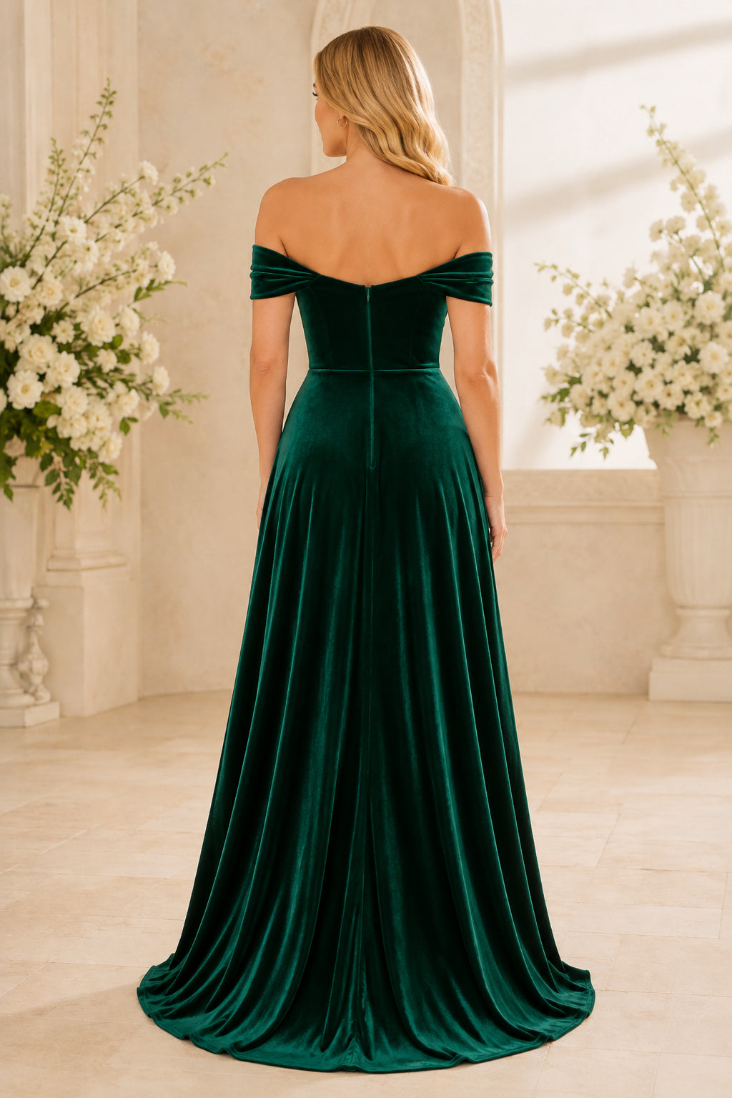 Dark Green Off-the-Shoulder Velvet A-Line Evening Dress with Front Slit and Pleated Bodice back view