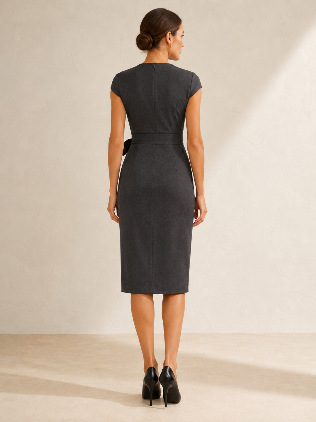 Charcoal cap sleeve wrap sheath midi interview dress back view