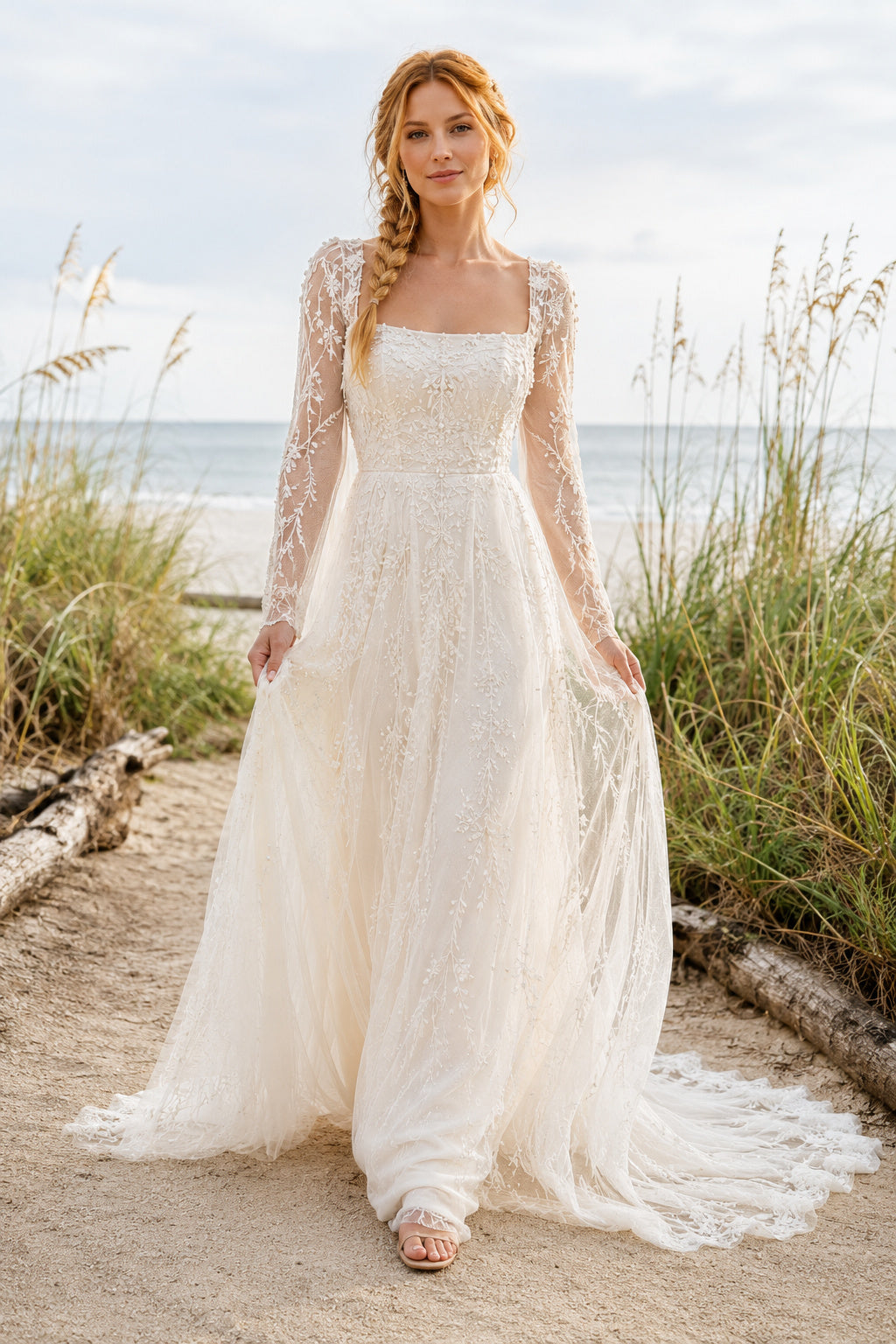 Ivory Square Neck Long Sleeve Lace Tulle A-Line Wedding Dress Train for Bridal Ceremony and Reception front view