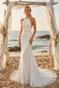 White Halter High Neck Stretch Satin Mermaid Wedding Dress Lace Hem for Bridal Ceremony and Reception front view