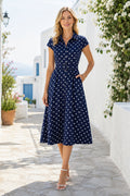 Navy White Polka Dot Summer Dress A-Line V-Neck Short Sleeve Tea Length front view
