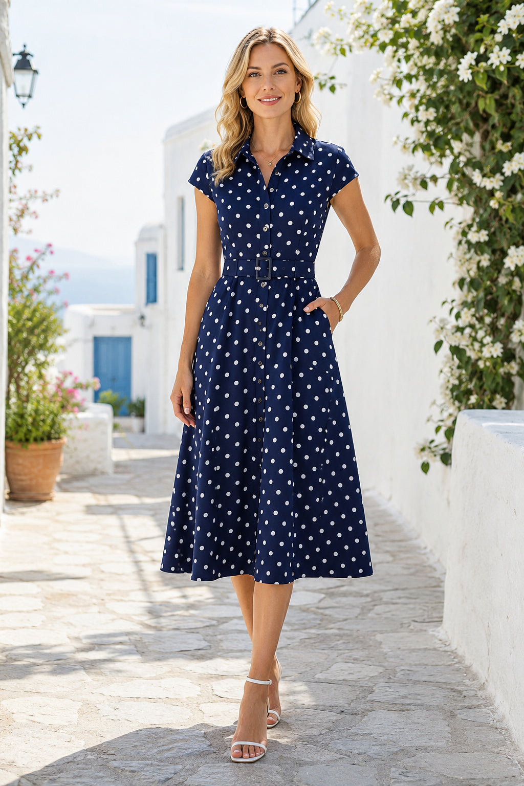Navy White Polka Dot Summer Dress A-Line V-Neck Short Sleeve Tea Length front view