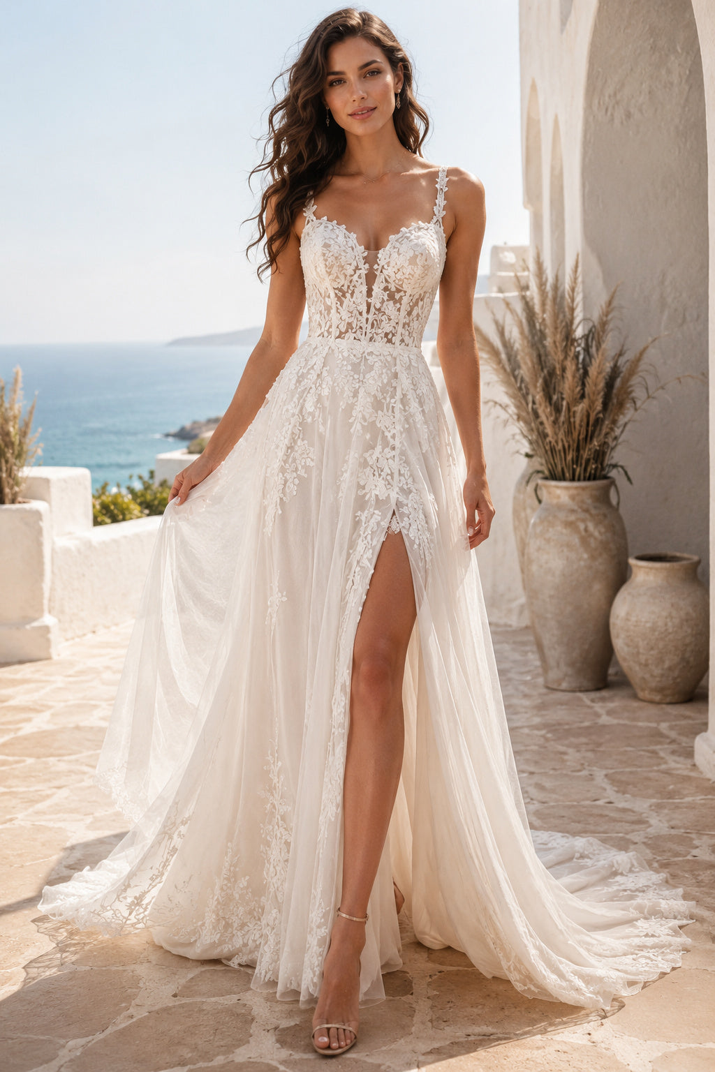 Ivory Strap V-Neck Lace Tulle A-Line Wedding Dress Split Train for Wedding Ceremony and Reception front view