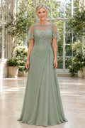 Sage Chiffon A-Line Mother Dress with Lace Cap Sleeves and Draped Skirt front view