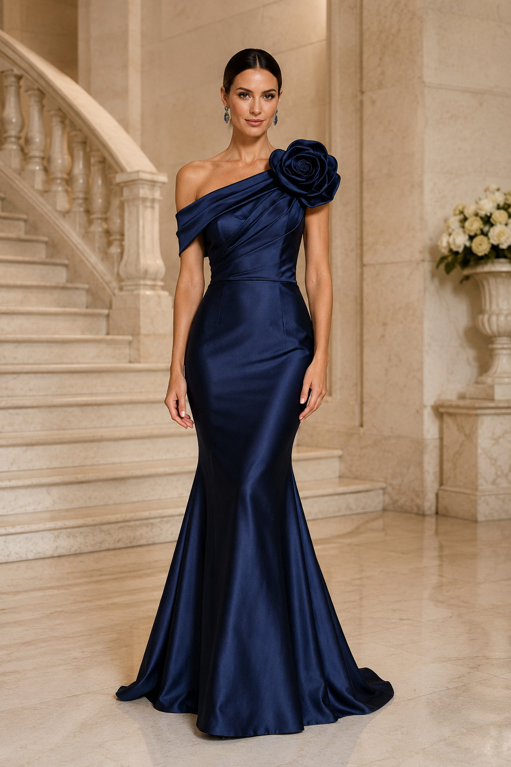 Evening Gown Dark Navy Satin Mermaid One Shoulder Short Sleeve Floor Length front view