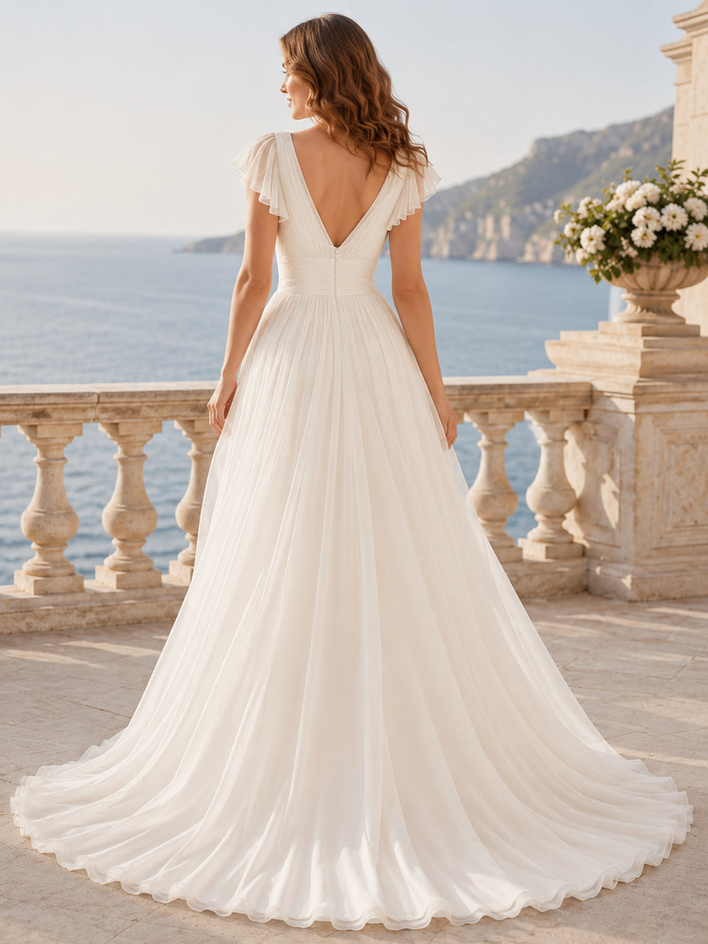Chiffon Wedding Dress A-Line V-Neck Sleeveless Chapel Train Low V Back Bridal Gown back view
