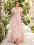 Blush Pink Flutter Sleeve Chiffon Floor Length A Line Dress front view