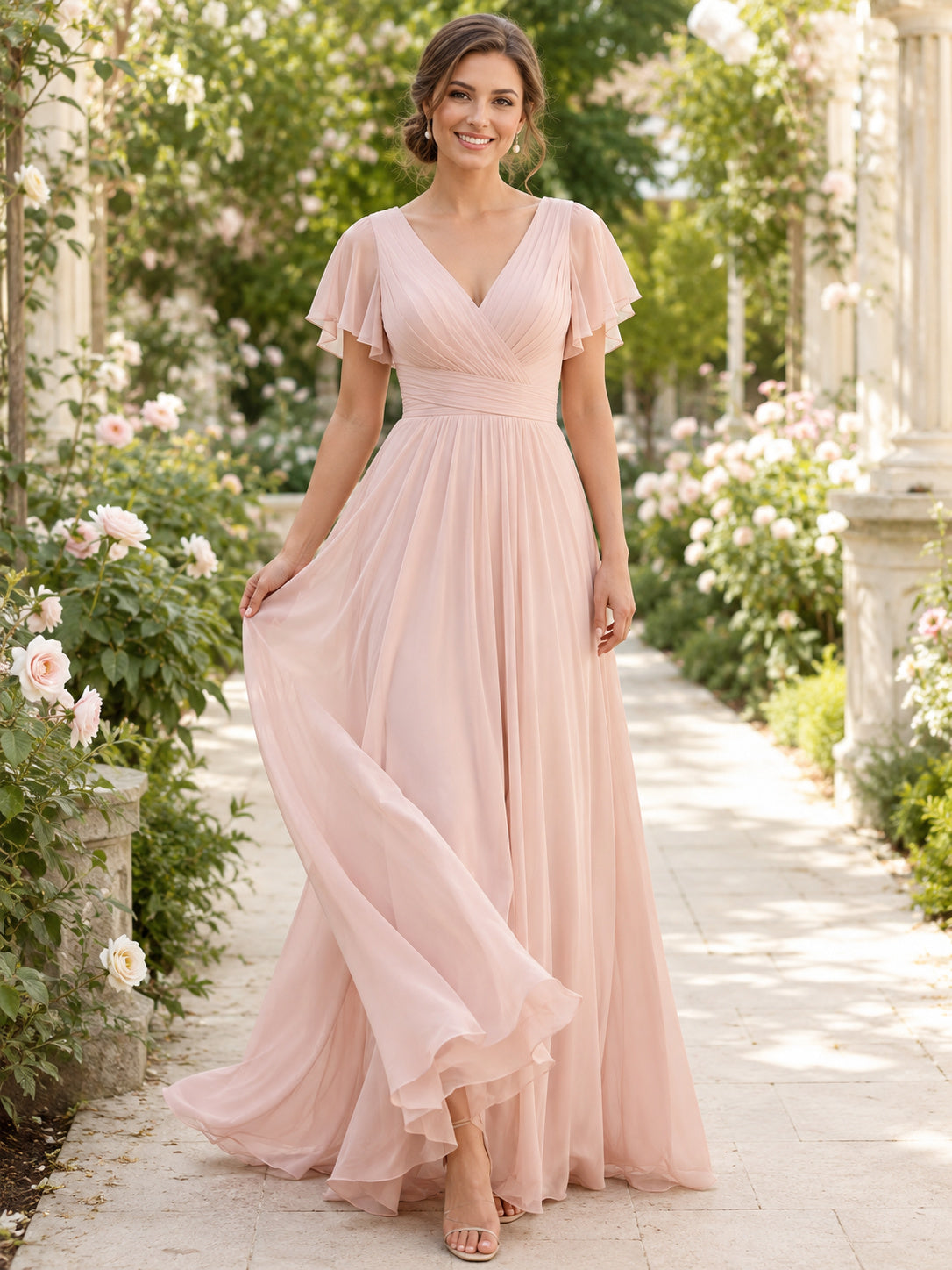 Blush Pink Flutter Sleeve Chiffon Floor Length A Line Dress front view