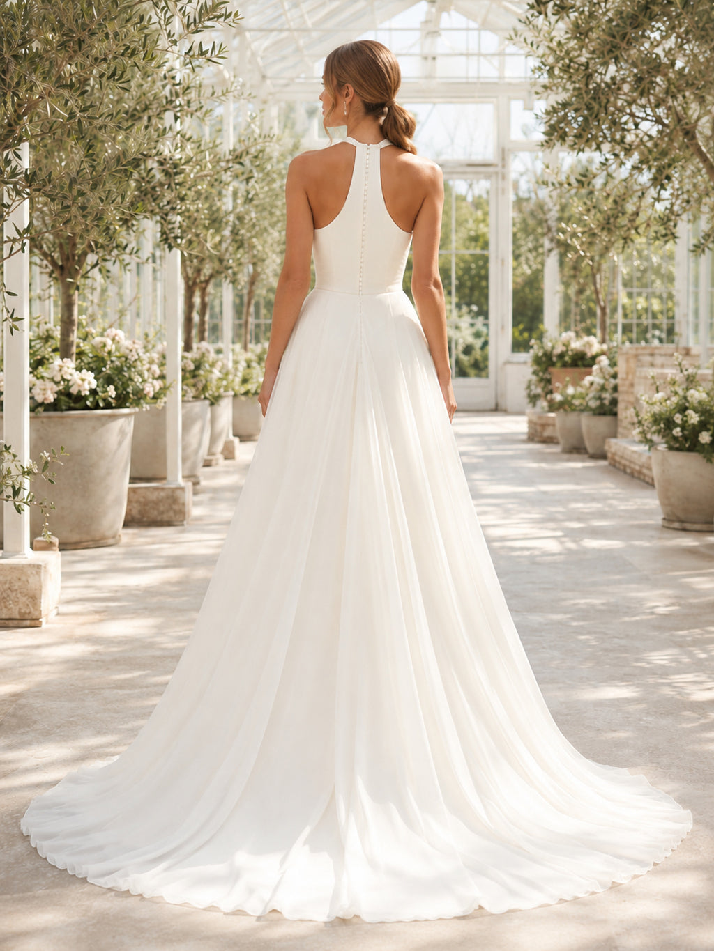 Beach Satin Chiffon Wedding Dress A-Line Halter Sleeveless Sweep Train Bridal Gown Style 721794 back view