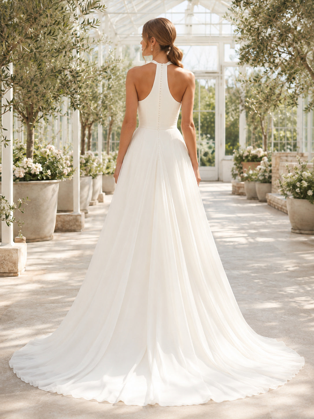 Beach Satin Chiffon Wedding Dress A-Line Halter Sleeveless Sweep Train Bridal Gown Style 721794 back view