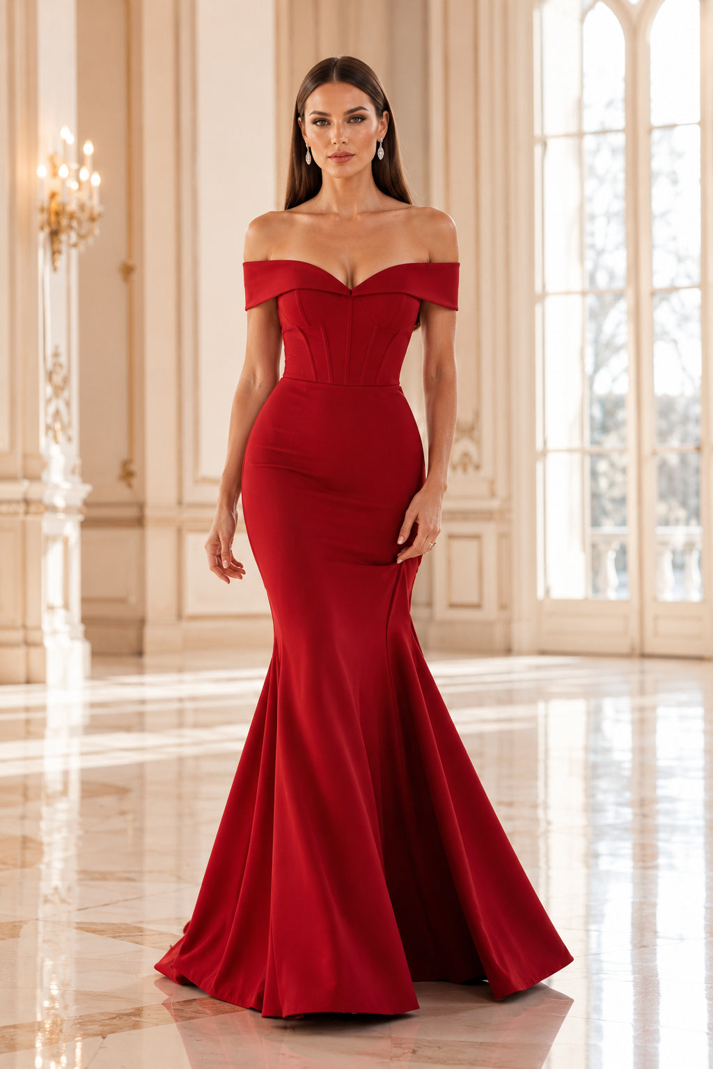 Red Off-the-Shoulder Satin Mermaid Evening Dress with Front Slit front view